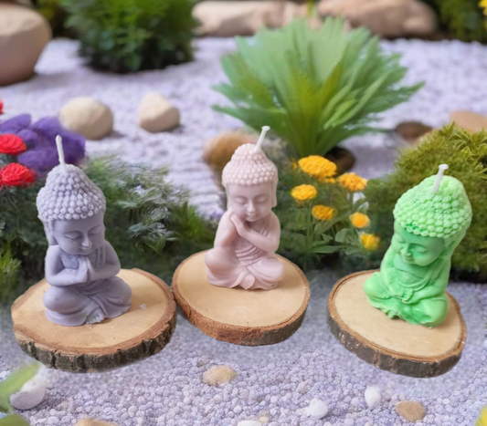 3 x therapy scented buddha candles on wooden perch